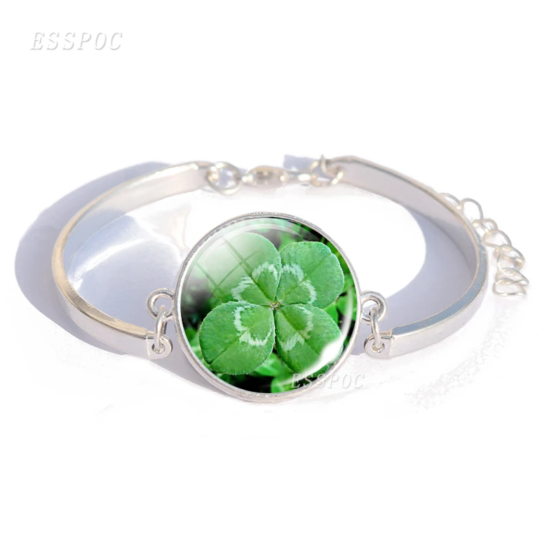 Shamrock Four Leaf Clover Bracelet Glass Dome Lucky Amulet Bangle  Chain Bracelets Women Accessories Jewelry Birthday Gift