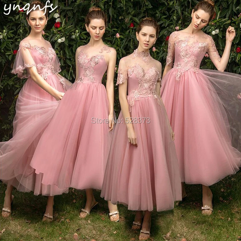 YNQNFS B9 Real Tulle High Neck Short Sleeves Pink Vintage Bridesmaid Dresses 50s 60s Wedding Guest Wear Party Gown Vestido Curto