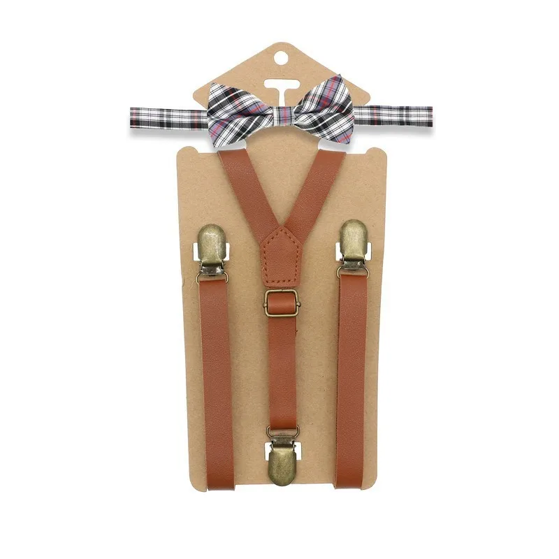 3 Clips Y Zurück Kid Braun Tan Leder Hosenträger Und Fliege Ring Bearer Bowtie Set Geburtstag Outfit 80*1,5 cm Einstellbar