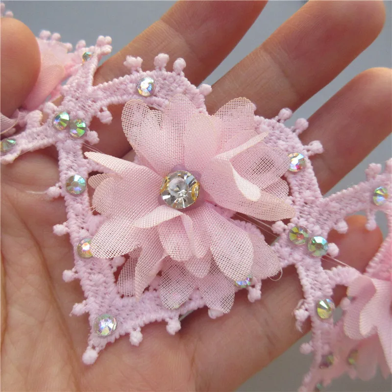 10X Heart Flower Diamond Rhinestones Lace Trim Embroidered Lace Ribbon Fabric Sewing Craft Garment Sewing Accessories 5.5*5.5CM