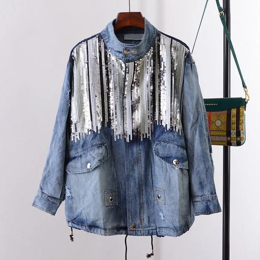 Denim jacket women jacket fashion coats bling Sequins long sleeves blue vintage boho hippie chic jacket Chaquetas Mujer