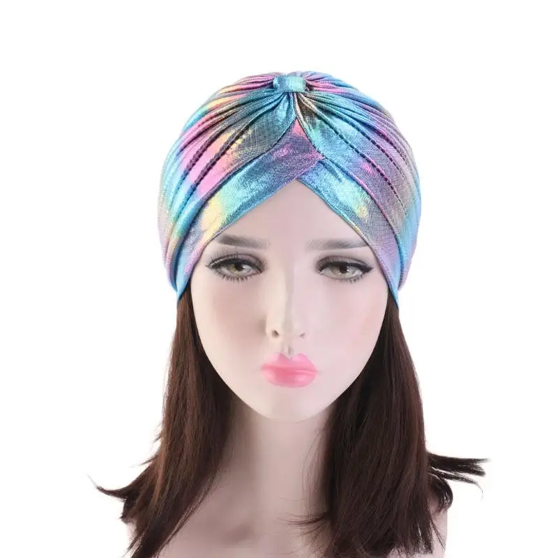 Turbante brillante para mujeres musulmanas, gorro de quimio con purpurina, Hijab, bufanda para la cabeza, gorro plisado, gorro Islámico para la caída del cabello