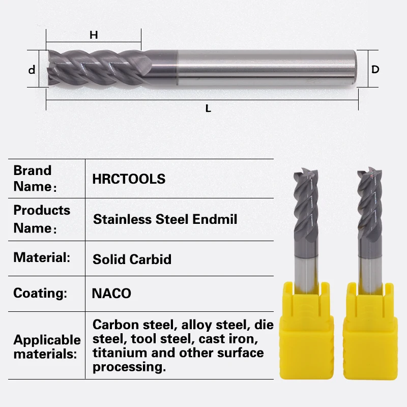Fresa de carburo de tungsteno, espiral sólida, N3-d2x6Hx4Dx50L, para flauta 4 DE ACERO INOXIDABLE
