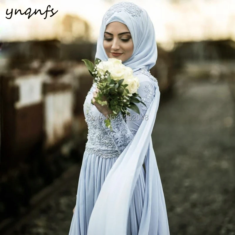 YNQNFS MW34 Modest Formal Dress Party Gown High Neck Long Sleeve Hijab Muslim Bridesmaid Dresses Chiffon Abiye