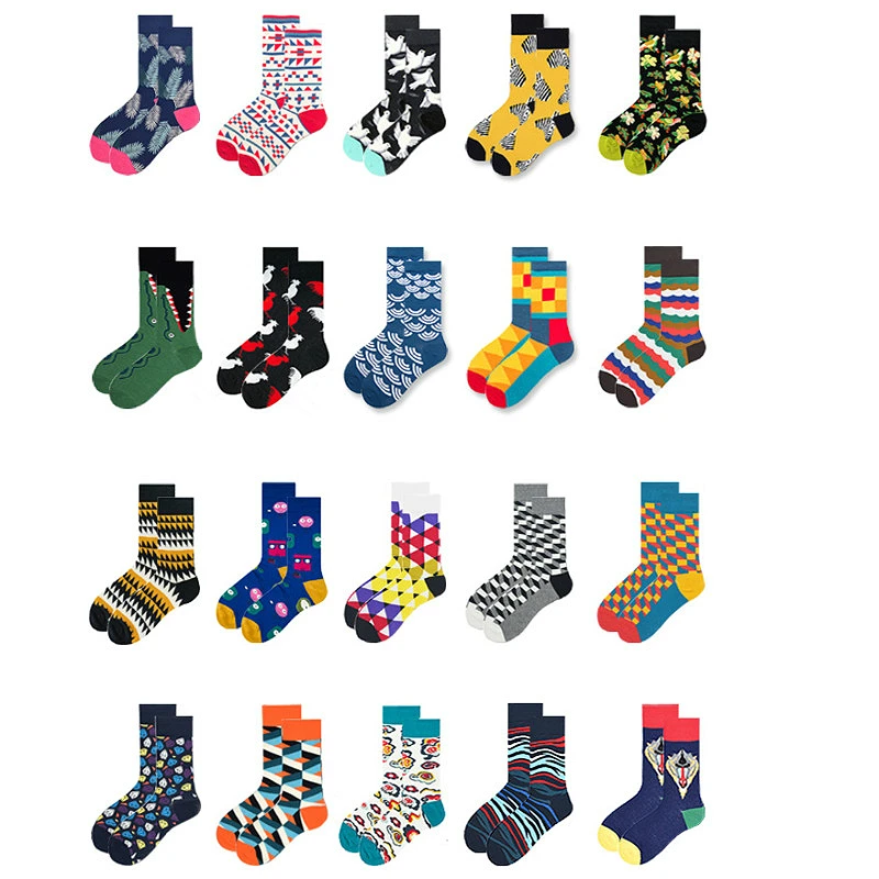 PEONFLY Men Socks Japanese Happy Cotton Colorful Cartoon Funny Kawaii Leaves Diamond Crocodile Socks Male For Christmas Gift