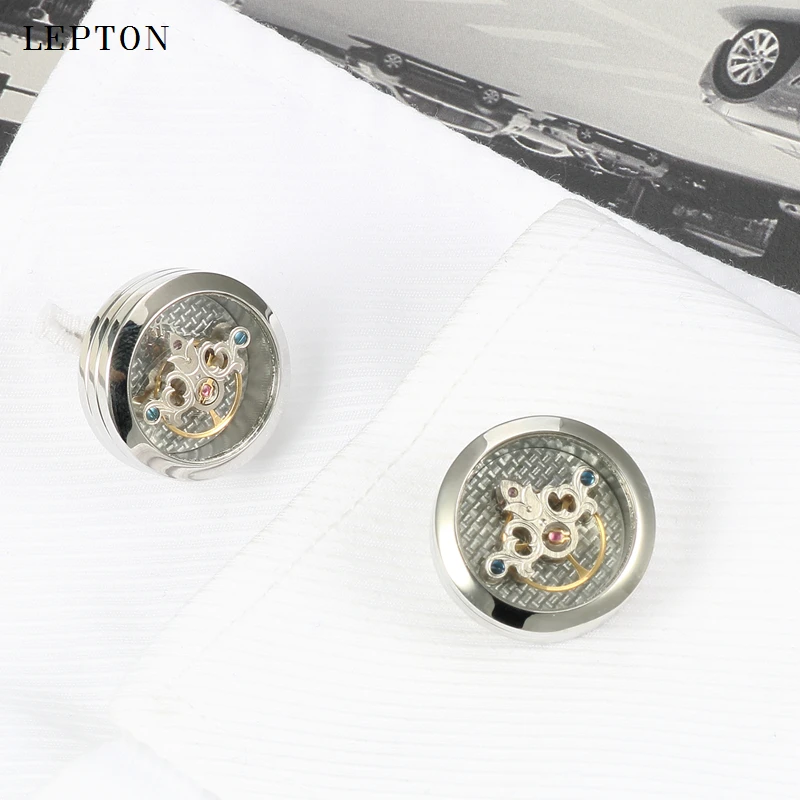 Lepton Exquisite Tourbillon Movement Cufflinks For Mens Wedding Groom Watch Steampunk Gear Mechanism Cuff links Relojes gemelos