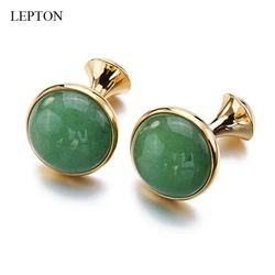 Lepton Opal Cufflinks for Mens Gold Color Low-key Luxury Round Green Aventurine Stone Cuff links Business Wedding Cufflink