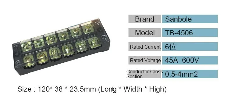 45A 6 Position Copper TB-4506 Fixed Type Connection Terminal blocks Connect Plug-in Board Dual Row screws clamp