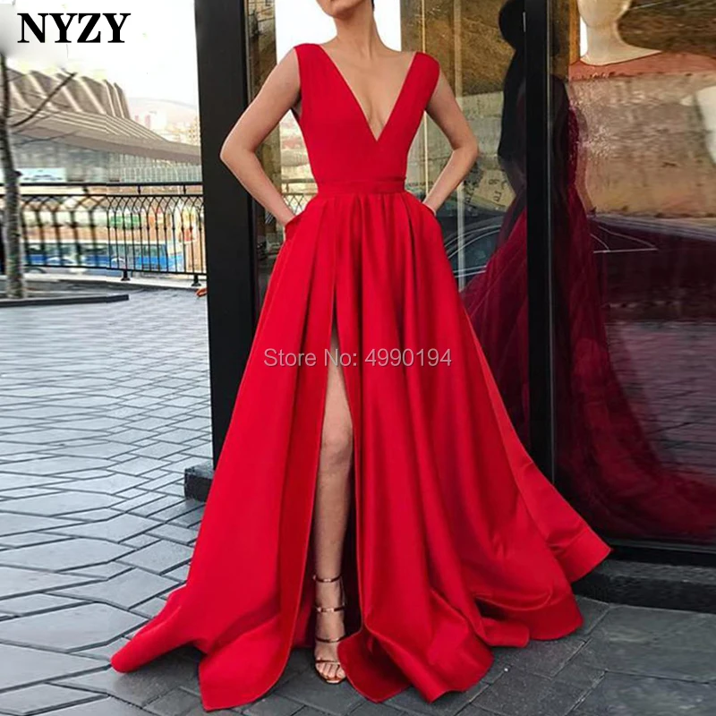 

NYZY P37 A Line High Leg Slit Red Prom Dress Satin Evening Gown Formal Dress Party vestidos de festa longo 2019