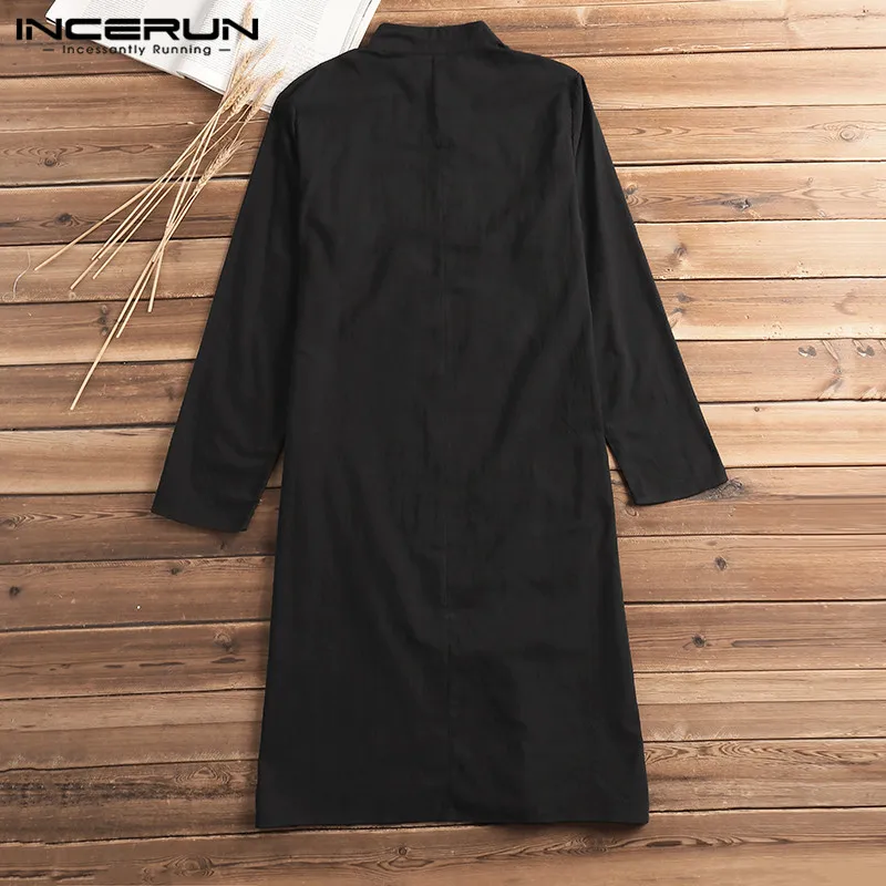 INCERUN Casual Shirt Dress Long Sleeve Cotton Solid Men Long Shirt Vintage Indian Kurta Suit Pakistani Muslim Clothes 5XL
