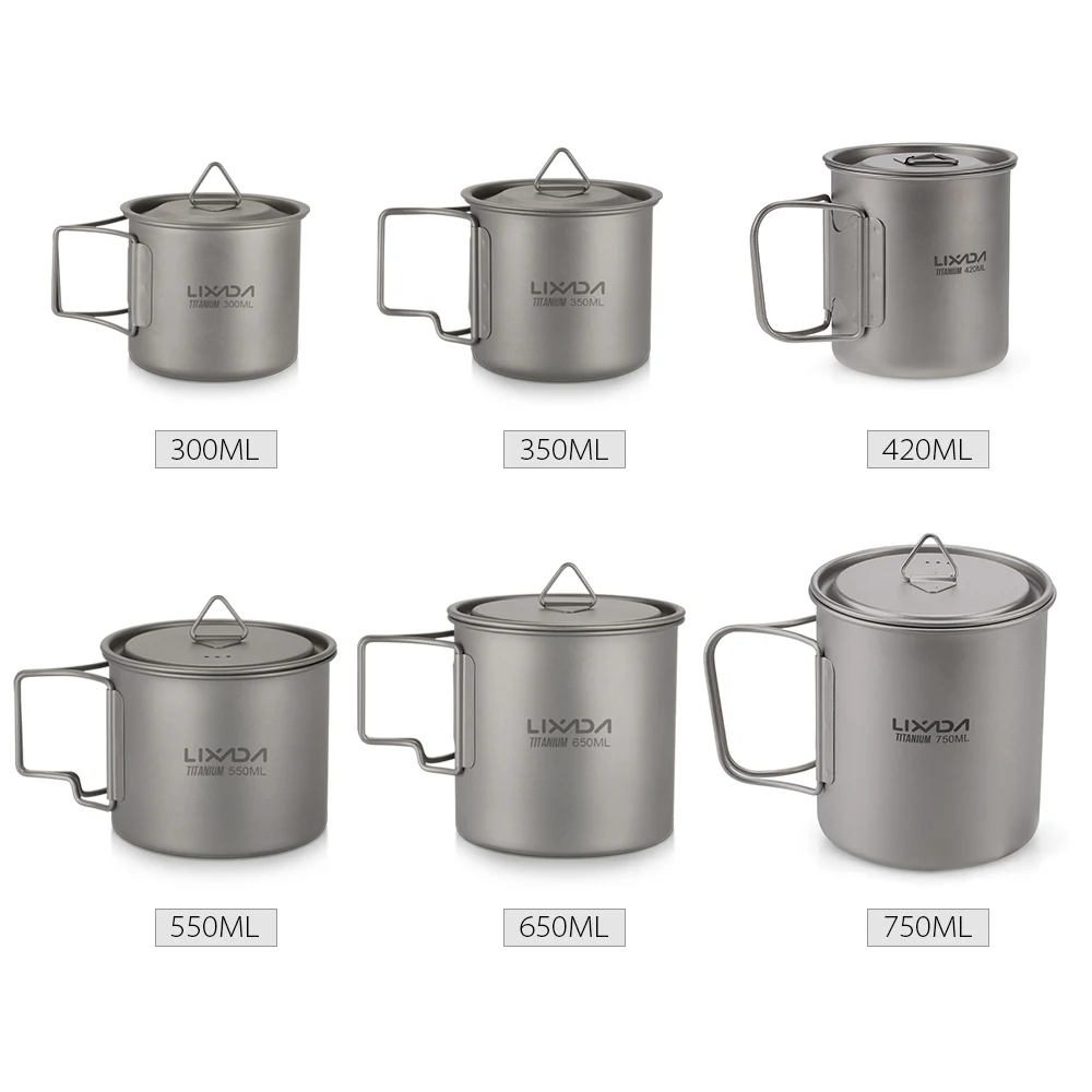 Lixada Outdoor Titanium Cup Mug Pots Tableware Camping Cup Picnic Water Cup Mug of Coffee Tea with Lid 300/350/420/550/650/750ml