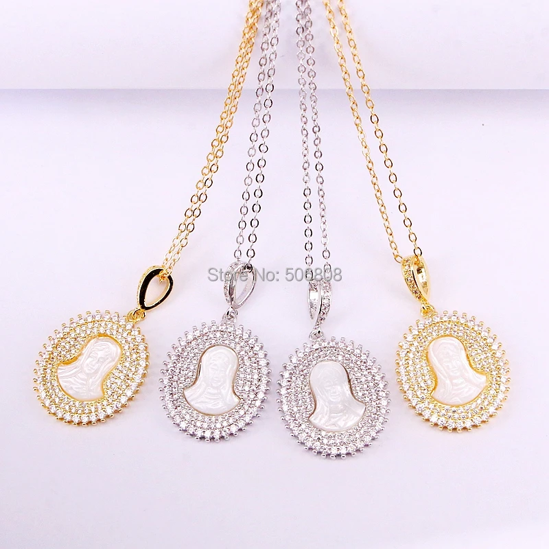 6PCS ZYZ-N2778 Nature Shell Pendant with Religious Jesus Virgin Portrait Pattern CZ Micro Pave Oval Pendant Necklace Jewelry