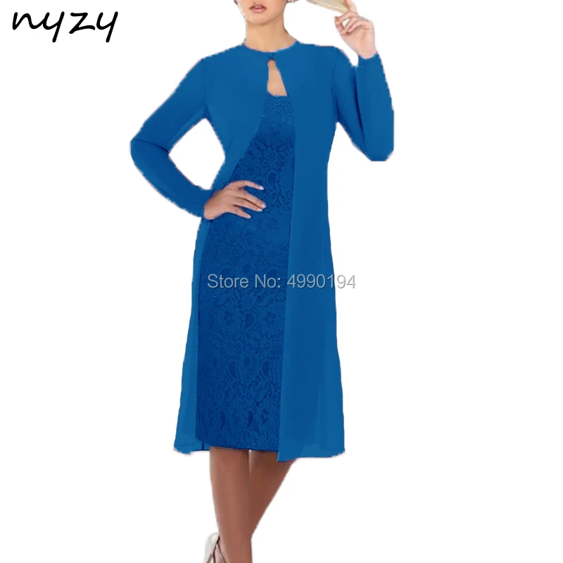 

NYZY M123e Elegant Sheath Chiffon 2 Piece Mother of the Bride Dresses with Bolero Blue Short Wedding Party Gown Church Suits