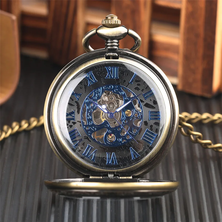 Mystical Black Dial Mechanical Pocket Watch Transparent Hunter Blue Roman Numerals Display Hand Winding Pocket Watch for Men