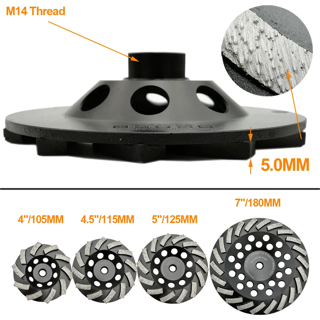 DT-DIATOOL-2pcs Segmented Diamond Turbo Row Cup Grinding Wheel for Concrete Hard Stone M14 Connection Dia180mm, 7inch
