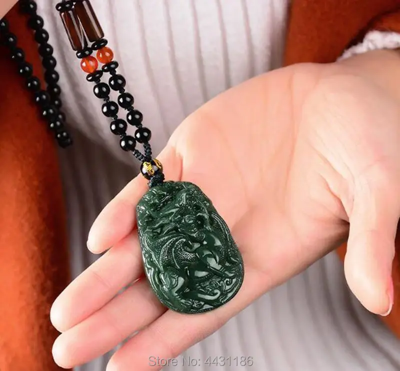 

Craftsman Hand-Carven Brave Troops Amulet Dark Green jade PiXiu TALISMAN Pendant+Necklace+Gift Box+Certificate