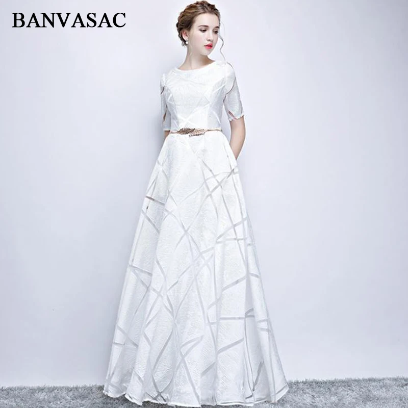 

BANVASAC Elegant O Neck Satin Stripes A Line Long Evening Dresses Party Short Sleeve Metal Leaf Sash Prom Gowns