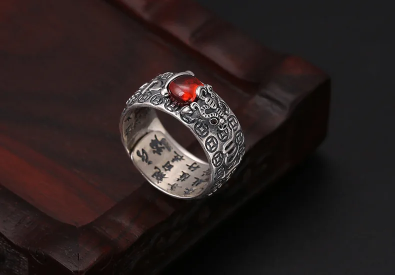 100% 925 Silver Tibetan Six Words Proverb Ring Good Luck Wealth Pixiu Ring Lucky Jewelry Man Ring