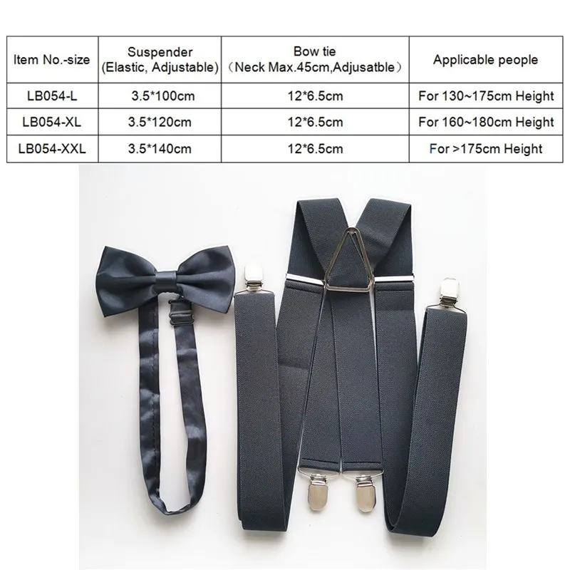 Dark gray  Color 140 cm XXL Size Big Adult Suspender Butterfly Bow tie Adjustable Suspenders Neck tie set Men Women LB054