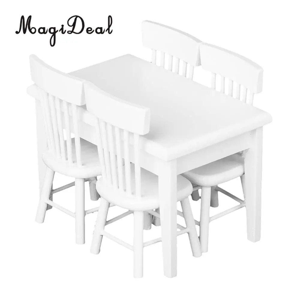 Juego de mesa de comedor y silla, miniaturas de casa de muñecas, decoración de muebles, blanco, 1:12, 5 piezas