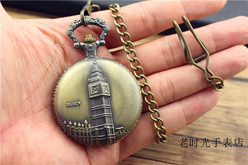 new fashion Antiqe Vintage Bronze Big Ben Clock Design Pocket Watch Casual Round Quartz Fob Time Unisex Gift With Necklace Chain