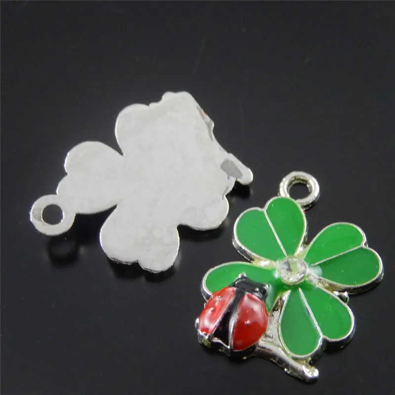 10PCS Lovely Clover Ladybug Enamel Alloy Pendant Charms Bracelet Earrings Jewelry Making Finding 18*16*3mm AU37058