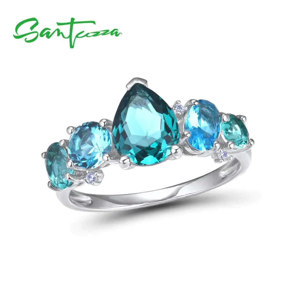 SANTUZZA Cincin Perak untuk Wanita 925 Sterling Perak Terbaru Desain Mengkilap Biru Kristal Cubic Zirconia Cincin Trendi Fashion Perhiasan