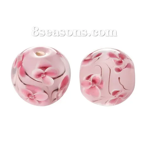 (Handmade)Lampwork Glass Loose Beads Round Pink Flower Transparent About 16mm Dia,Hole about:2.3mm-2.7mm,1 PC