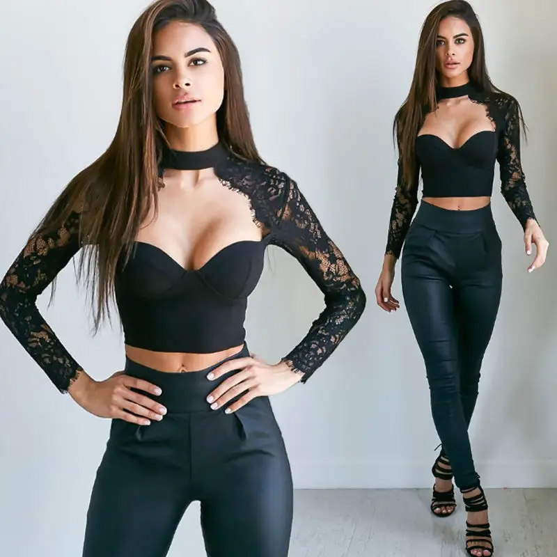 Women Apparel Summer style elegant black lace crochet crop top Girls Long sleeve Black blause Women sexy hollow out shirt tops