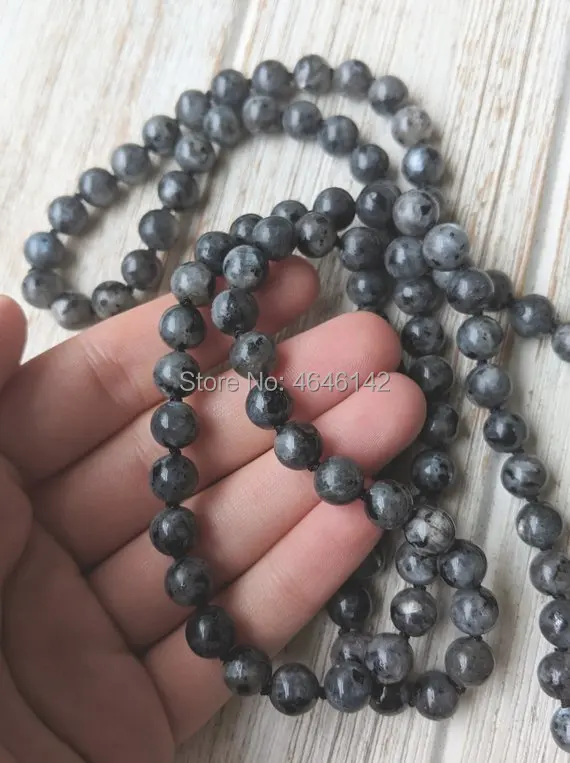 Natural Stone Labradorite beads hand knotted charm pendant 108 mala yoga necklace