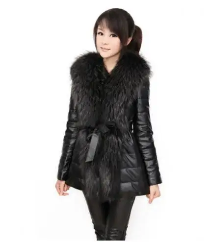 S/6Xl Womens Long Section Raccoon Fur Collar Winter Autumn Black Leather Jacket Faux Leather Patchwork Coats Outwear