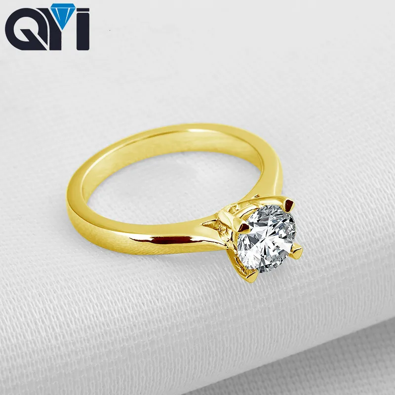 

QYI 14K Solid Yellow Gold Rings Engagement Ring Women Jewelry 1 Ct Round Cut Moissanite Diamond For Wedding Jewelry