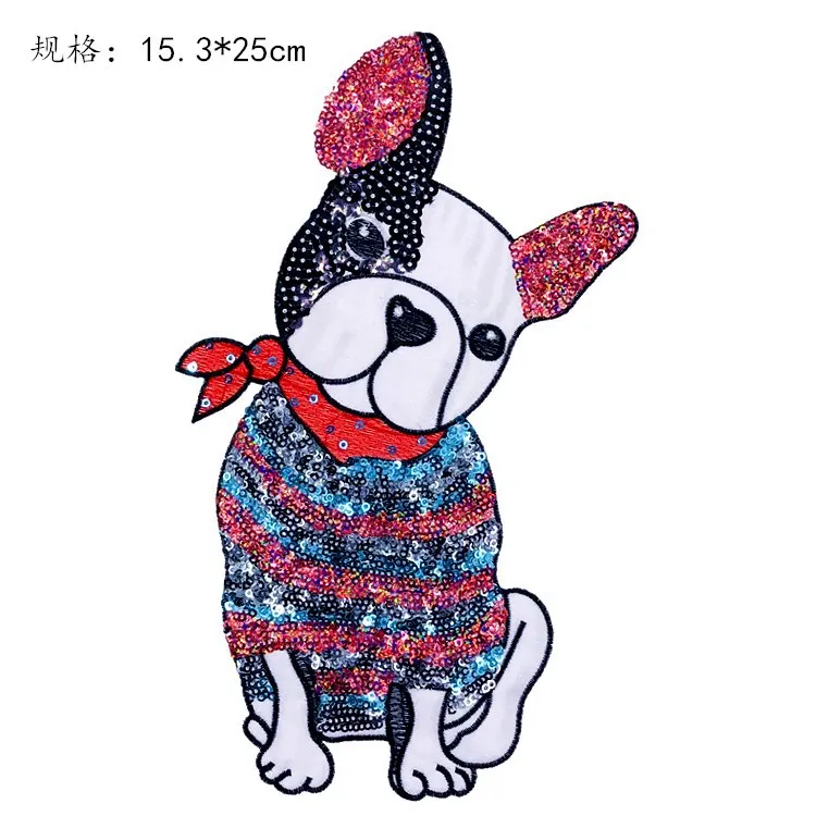 PGY Animal Big Patch Dog Bulldog Embroidered Sew On Cartoon Patches For Clothes Badge DIY Sequin Applique For T-shirt Stickers