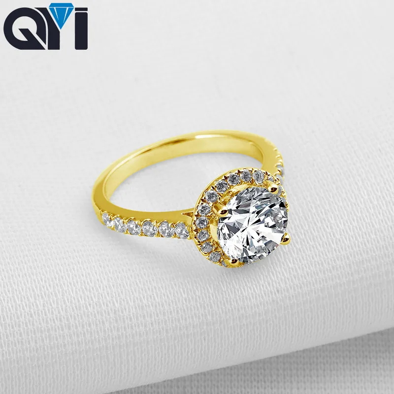 QYI 2 Ct 14K Solid Yellow Gold Rings For Women Round Cut Moissanite Diamond Engagemen Halo Ringt