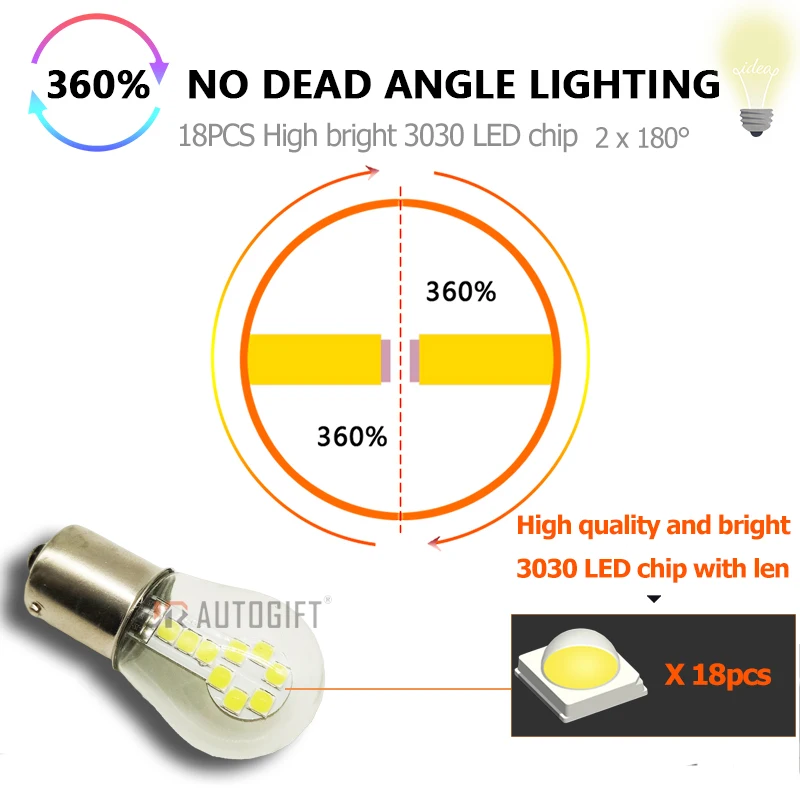 50x New car styling S25 Glass Car LED bulbs 3030 18 SMD 1156 1157 BA15S BAY15D White Amber halogen Auto Brake Signal park lights