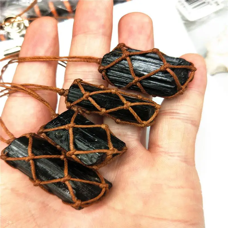 1 Pcs Natural Black Tourmaline Retro Raw Gemstone Pendant Crystal Hand-Woven Jet Stone Ore Radiation Protection Stone Craft
