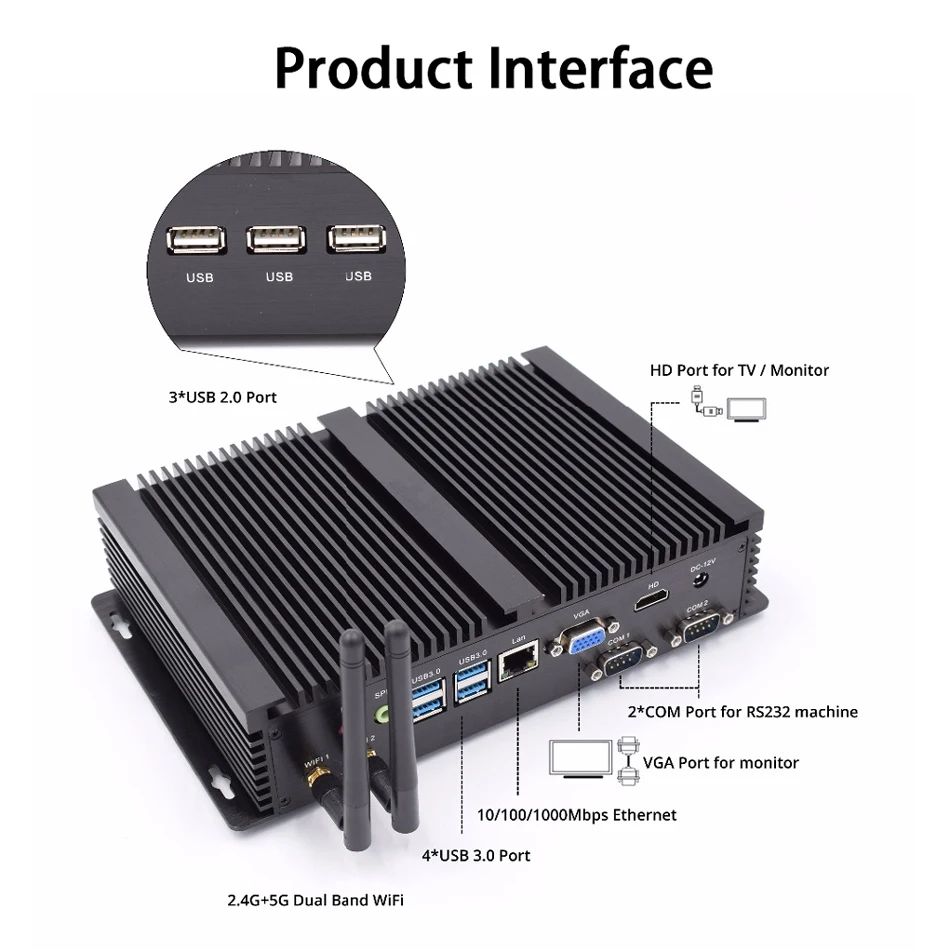 HUNSN 팬리스 산업용 PC,AIM03, 인텔 코어 I3 4th 5th 6th, 미니 컴퓨터, 윈도우 11,VGA,HDMI,LAN,2COM RS232,2USB2.0,4USB3.0