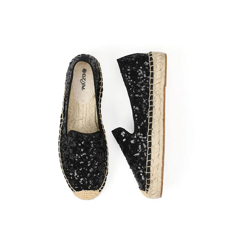 DZYM Spring Summer Sequined Cloth Women Flats Luxury Design Golden Sneakers Grass Woven Fisherman Shoes Loafers Espadrilles