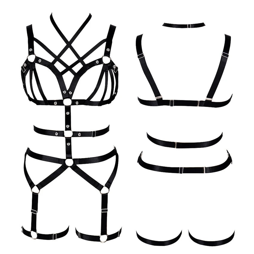 

Goth Harness Bra for Women Black Body Caged Tops Hollow Out Garter Belt Sexy Lingerie Set Elastic Adjust Punk Dance Rave Clothes