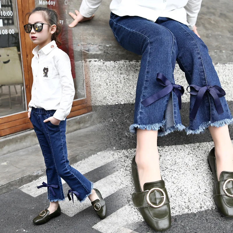 

Girls jeans new spring and autumn children's clothing big kids trousers foot ribbon bow 3-12 children's pants