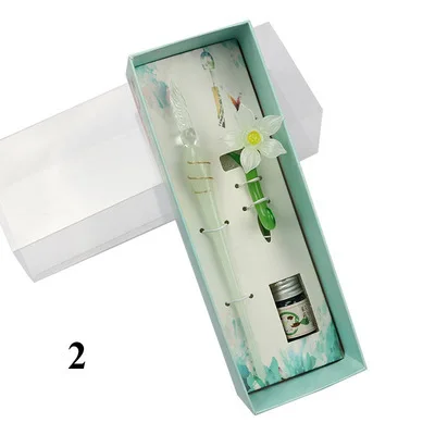 Jade Flower Glass Dip Pen With Colour Ink ,Painting Transparent Gradual Change Color Pen Gift Box Suit