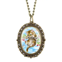 Lovely Cherry Kitty Pocket Watch for Girl Warm Patch Quartz Pocket Watch Retro Elliptical Gift for Pocket Watch With Necklace