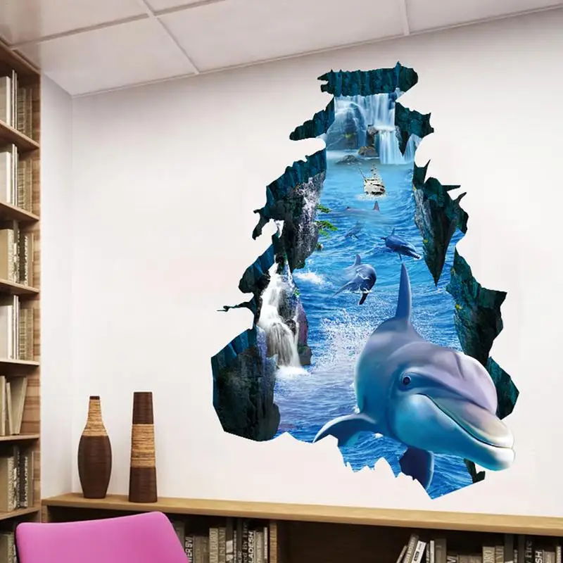 New 3D wall stickers dolphin broken wall Aquarium Ocean Wall Stickers For Kids Rooms Bathroom Kitchen Home Decor Cartoon