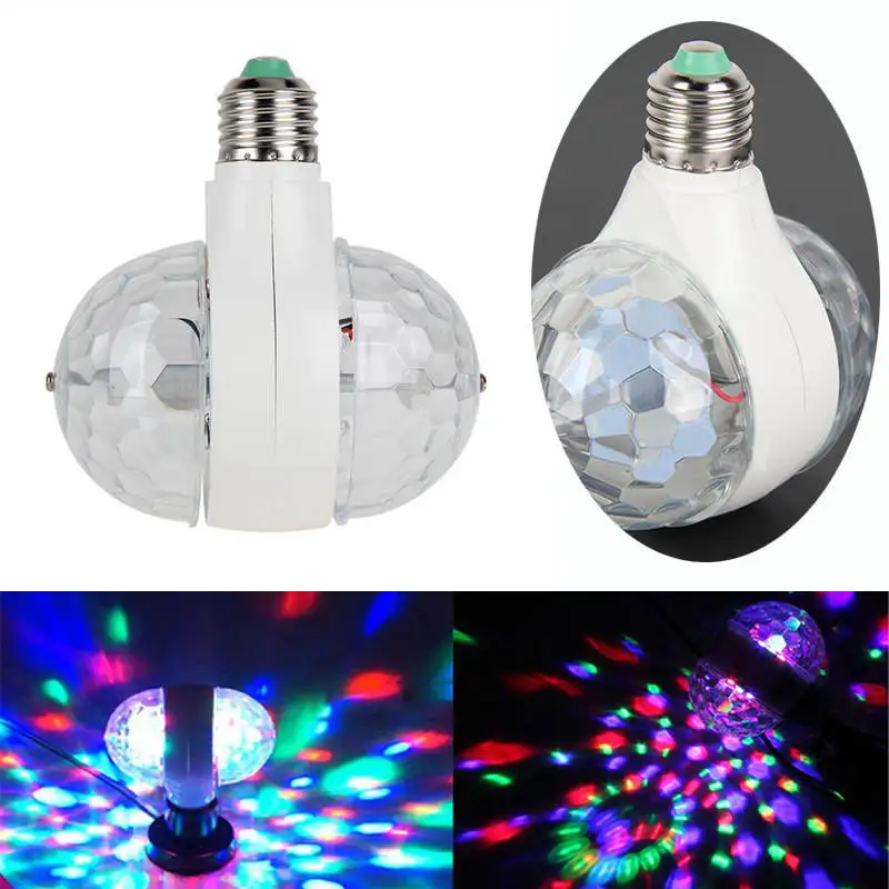 Newest 6W E27 RGB Dual Crystal Ball Rotating LED Stage Light Bulbs DJ Disco Party Lamp