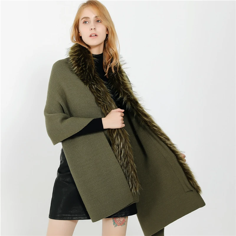 IANLAN Autumn Winter Casual Faux Fur Collar Shawl Wrap for Women Fashion All-match Knit Imitation Cashmere Stole Cloak IL00305