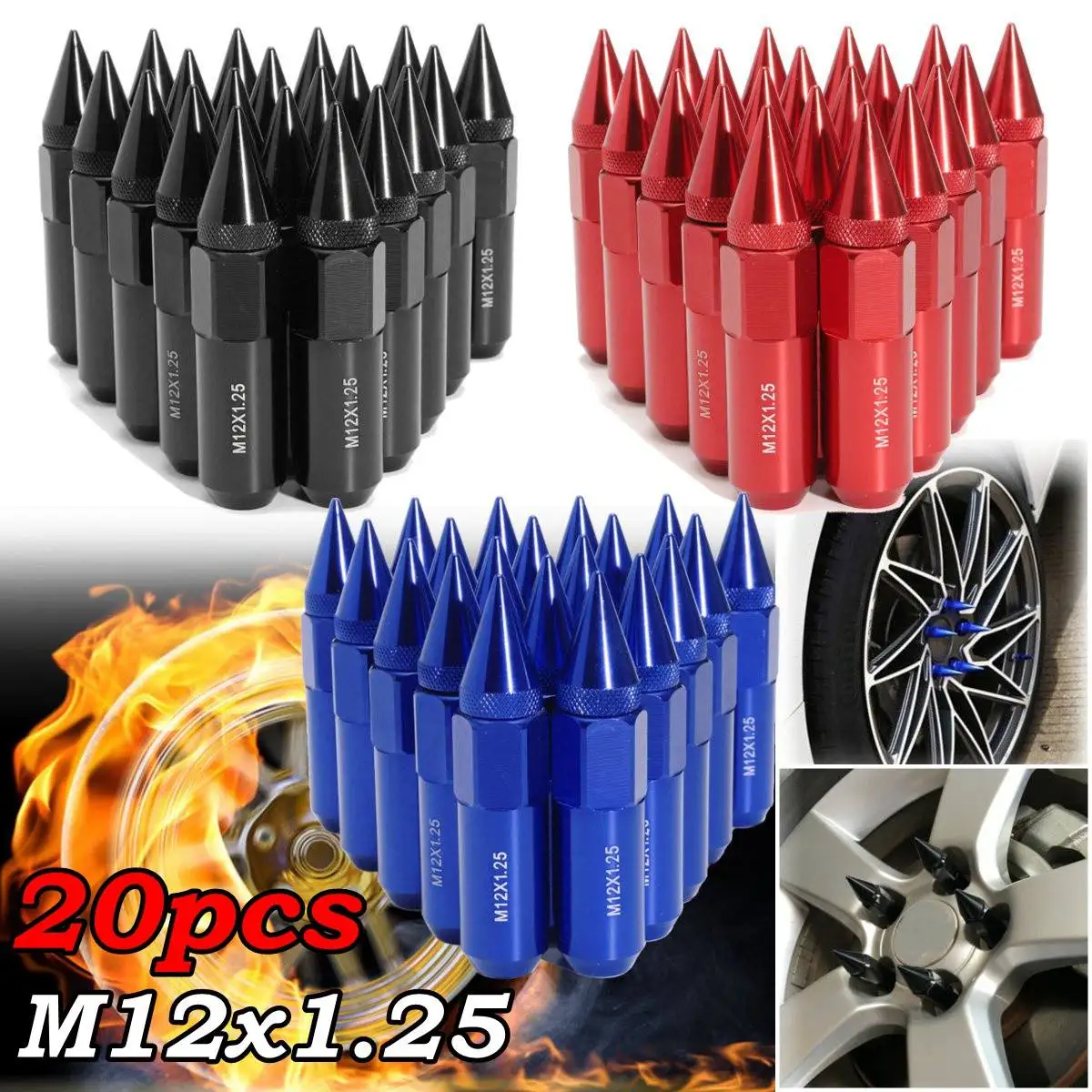 20Pcs Aluminum M12X1.25 Car Wheels Rims Lug Nuts w/ Spiked 60mm Extended Tuner Blue/Red/Black