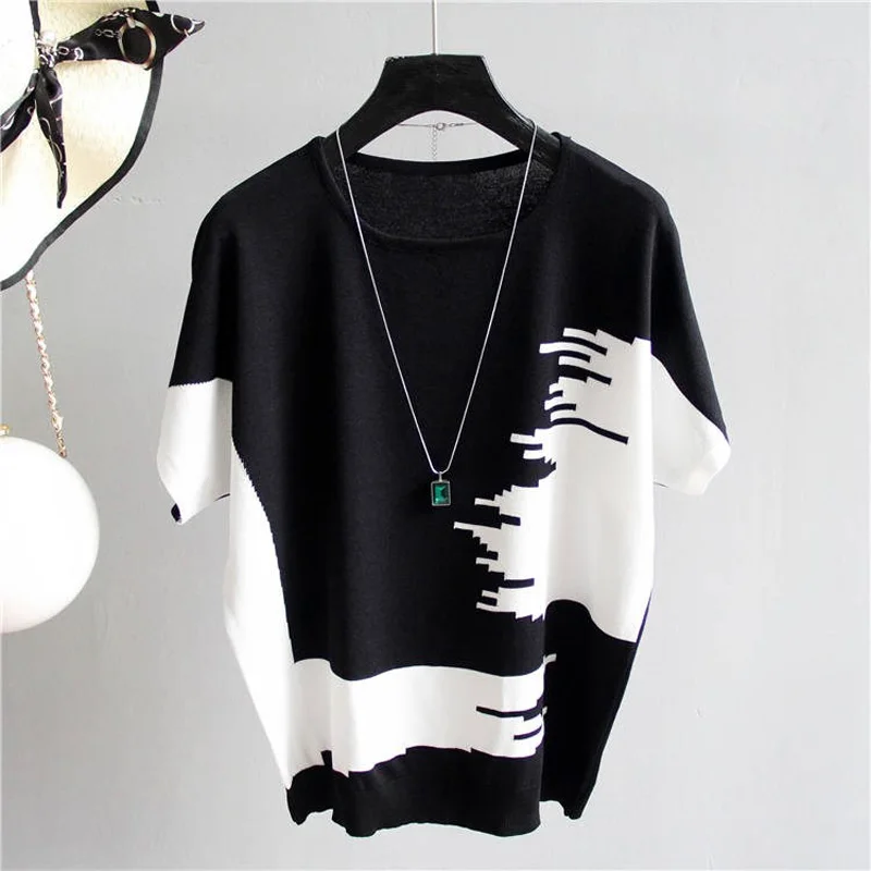 Summer Women Sweater Pullover thin Rib Knitted pull femme Tops patchwork o Neck Knitwear Jumper Short Sleeve sueters de mujer