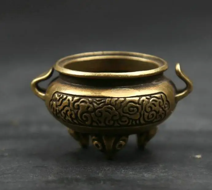 Small Curio Chinese Fengshui Bronze Tripodal Binaural Incense Burner Censer