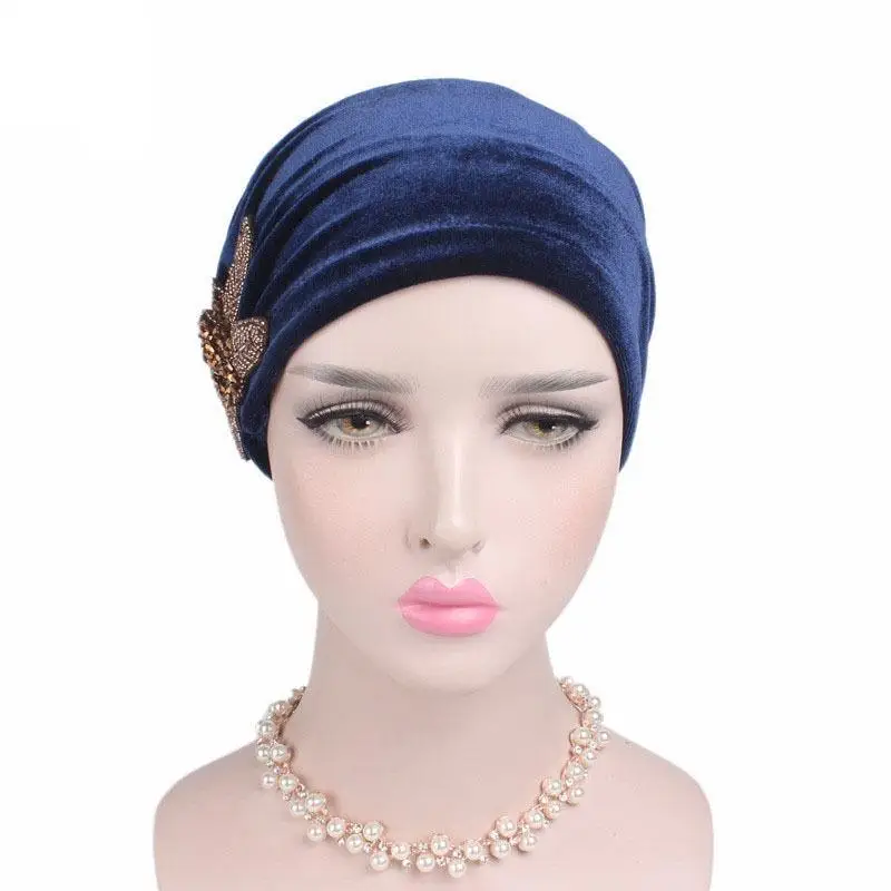 Women Muslim India Cap Ladies Velvet Hat Beanie Skullies Turban Chemo Cap With Beads Flower Headwear Cancer Hat Inner Elegant