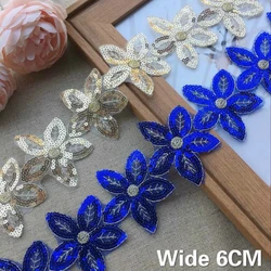 Hot 6CM Wide Glitter Organza Lace Fabric Sequins Beaded Flowers Embroidered Ribbon Collar Trim Applique For Wedding Dress Sewing